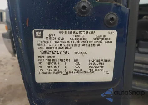 2002 Chevrolet Tahoe C1500 z USA, uszkodzony, nr VIN 1GNEC13Z12J314600